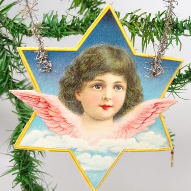 Early 1900's Victorian German Angel Embossed Die Cut Star and Tinsel Christmas Scrap Ornament, Marked GERMANY 