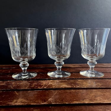 6 Vintage, Mid Century Crystal, Stemmed Goblets, Glassware - Etched, Hand Cut, Cocktail, Footed Barware, Matching Set, Colonial Traditional 