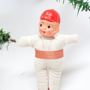 Antique 1940's Baseball Player Christmas Tree Ornament, Antique Celluloid Doll Toy 