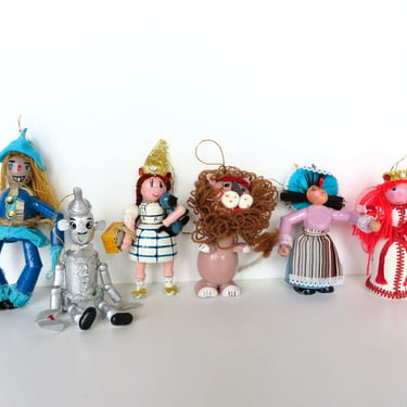 1970s Wizard of Oz Ornaments by Kurt Adler, Set of 6 Wooden Christmas Tree Ornaments 