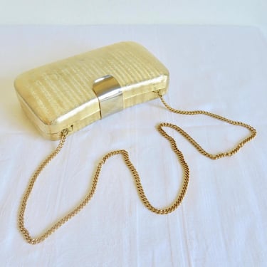 Italian Gold Metal Hard Case Purse Clutch Shoulder Chain Evening Formal Party Purses Disco Bag Saks Fifth Avenue Made in Italy 