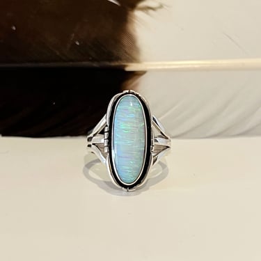 SPARKLE PLENTY Sterling Silver and Iridescent Opal Ring | Lab Created Gem Stone | Native American Navajo Southwestern Jewelry | Size 9 1/2 