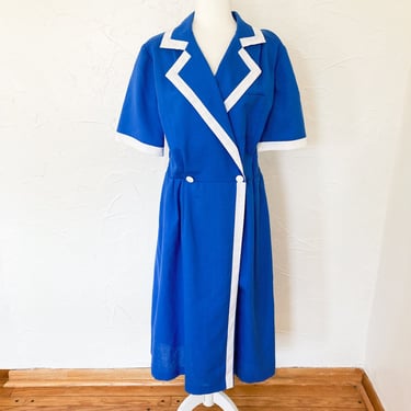80s Two Toned Blue and White Faux Wrap Dress | Large 