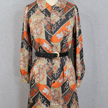 1970s, 70s Black and Orange Paisley Sheath Dress - Retro, Mid Century Mod - Shirt Dress - Size M/L 