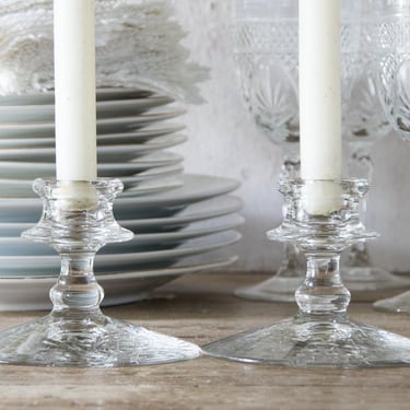 Glass Candlestick Holders, Pair of Vintage Etched Glass Candle Holders 