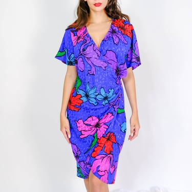 Vintage 80s Flora Kung Violet Silk Button Wrap Dress w/ Vibrant Floral Print & Jacquard Design | 100% Silk | 1980s Designer Wrap Silk Dress 