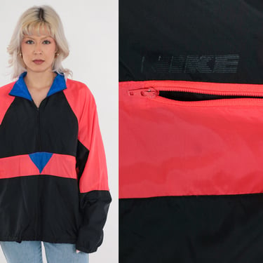 90s Nike Jacket Black Windbreaker Striped Nylon Pullover Quarter Zip Jacket Neon Red Blue Retro Sporty Streetwear Shell Vintage 1990s Large 
