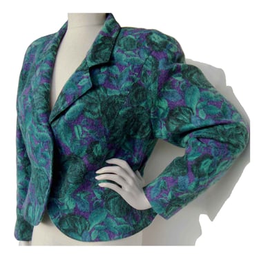 Vintage 90s Jacket Blue Floral Wool Crop Coat by Billevesee Paris M 