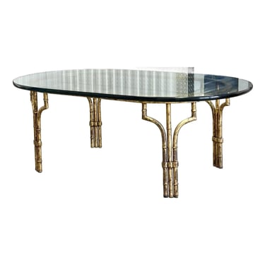 Late 20th Century Gold Gilt Faux Bamboo & Glass Oval Cocktail Table in Manner of Maison Bagues 