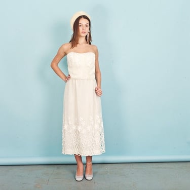 60s Cream Cutout Wedding Dress Vintage Strapless Lace Fitted Dress 