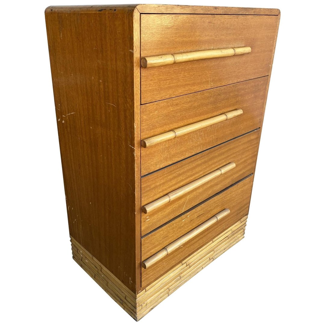 Restored Vintage Mid Century Mahogany Highboy Dresser W/ Stacked Rattan