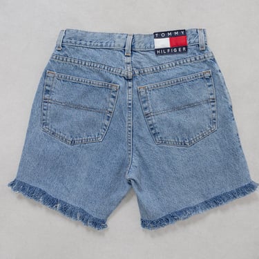 TOMMY HILFIGER CUT off denim shorts women Blue Jean vintage boyfriend longline / 28 29 Inch Waist / Size 7 8 
