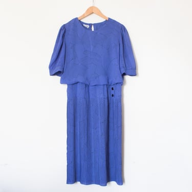 J.B. Too | Vintage 80’s Blue and Black Geometric Blouson Dress | Size 14, Grandma, Granny, Hipster, Western / Modest, Pleated, Old Fashioned 