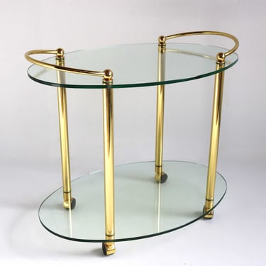 Midcentury Modern Heavy gold oval Bar cart Cocktail Entertainment Beverages Tea cart Hollywood Regency Brass  Glass  display cart 1970 