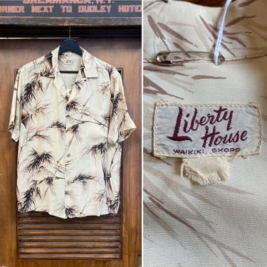 Vintage 1950’s “Liberty House” Crepe Bamboo Tiki Tropical Hawaiian Shirt, 50’s Loop Collar Shirt, Vintage Clothing 