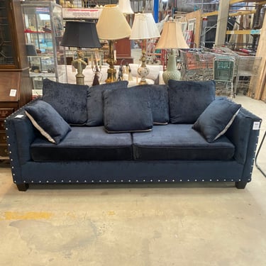 Navy Blue Sofa with Nailhead Trim and Accent Pillows