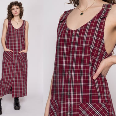 90s Red Plaid Maxi Pinafore Dress - Small | Vintage Grunge Oversized Sleeveless Overall Pocket Dress 