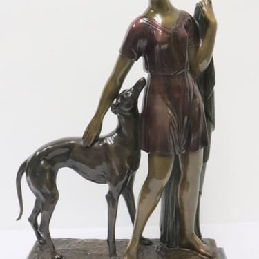 Grand Art Deco Sculpture of a Woman and Greyhound by Ignacio Gallo