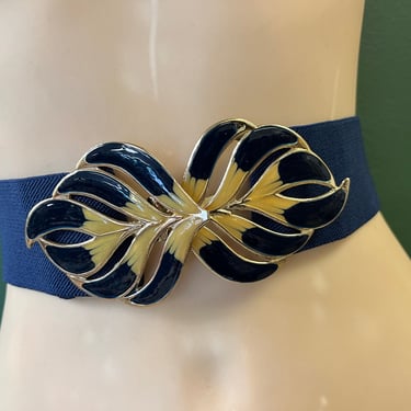 navy leaf stretch belt enamel petal buckle elastic waspie adjustable to XL 