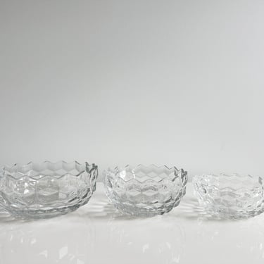 Fostoria American Clear Cubist Glass Crystal Nesting Bowls & Divided Party Bowl Vintage USA 