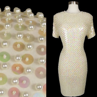 Vintage 80s Cream Off White PEARL Heavily Beaded Sequin Cocktail Party Prom Trophy Sheath Dress S Small M Medium Short Sleeves Neutral Glam 