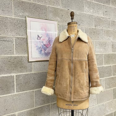 Vintage Jacket Retro 1980s Suede + Light Beige + Genuine Shearling Lining + Zip Up Bomber + Cold Weather + Unisex Apparel 