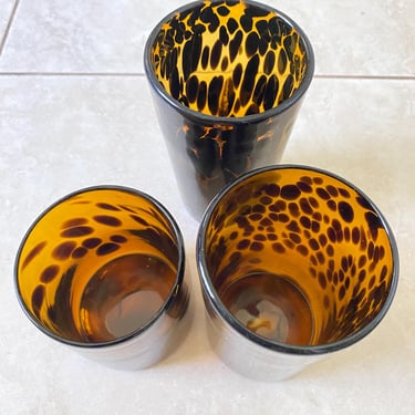 Set of 3 Andrew Tortoise Shell Glassware Vase Set~ Handblown amber and Brown Glassworks in animal print ~ Ralph Lauren style glass Decor 
