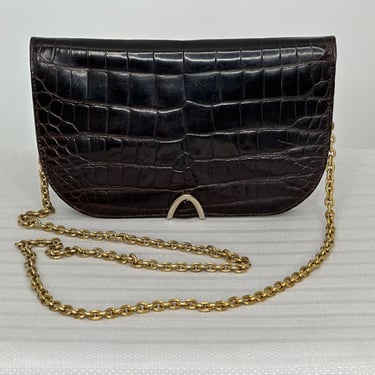 Guy Laroche Paris Chocolate Brown Glazed Crocodile Gold Hardware Shoulder Bag
