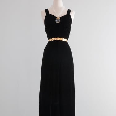 Elegant 1930's Black Silk Velvet Madame X Evening Gown / Sm
