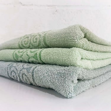 Vintage Cannon Monticello Cotton Bathroom Towels Bath Cloth Sculptural Green Blue Set of 3 Terrycloth 1960s 