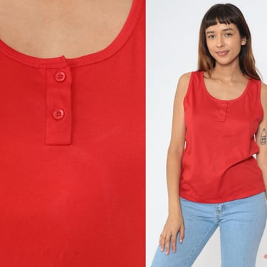 Red Tank Top 80s Cotton Henley Tank Plain Retro Button Up Sleeveless Shirt Simple Basic Tee Casual T-Shirt Vintage 1980s Medium M 