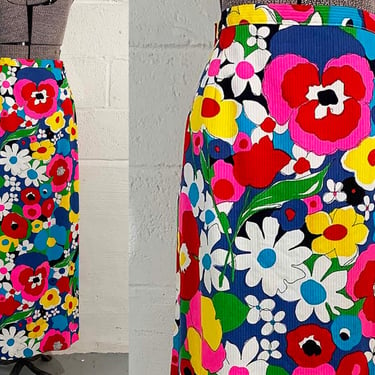 Vintage Floral Maxi Skirt Madison Flower Power Flowers Boho Mod A-Line Rainbow Small 1960s 