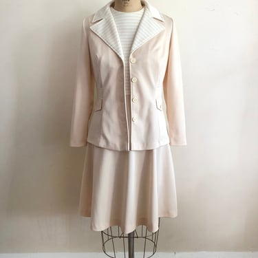 Beige and White Striped/Colorblock Dress with Matching Jacket - 1970s 