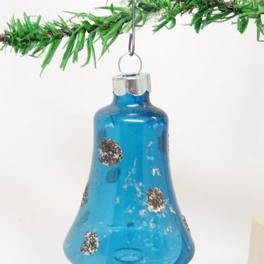 Antique 1940's Hand Blown Unsilvered Glass Christmas Tree Bell Ornament with Glittered Spots, Shiny Brite Made in USA 