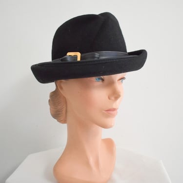 1960s Black Wool Felt Asymmetrical Fedora 