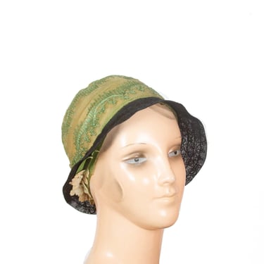 1920s Cloche Hat ~ Jade Green and Black Chain Stitch Embroidery Millinery Flowers Hat 