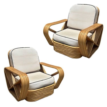 Restored Frankl Style Rattan Six Strand Square Pretzel Lounge Chair, Pair 