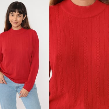 Vintage Red Cable Knit Sweater 90s Mock Neck Sweater Pullover Retro Plain Acrylic Cableknit 1990s Large L 