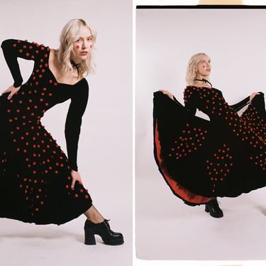 Vintage 1930s 30s Black Velvet Red Pom Pom Low Back Scoop Neckline Bubble Hem Midi Dress Gown 