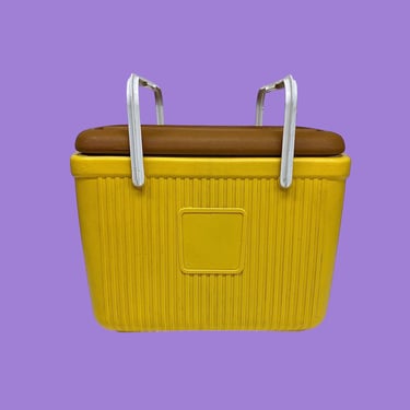 Vintage Poloron Cooler Retro 1980s Yellow and Brown + Plastic + White Top Handles + Ice + Food or Drink Storage + Outdoor + Camping 