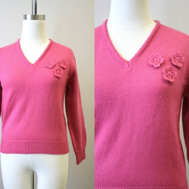 1980s Rose Pink Floral Applique Sweater 