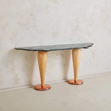 Green Marble Top Console Table with Wood  + Copper Base, Italy 1980s