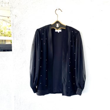 Vintage 70s 80s Disco Glam Rhinestone Sparkle Black Sheer Shirt Strong Shoulder Top 