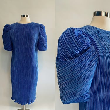 Vintage NUIT Blue Micro-Pleated Puff Sleeve Dress 1980s, 1990s 