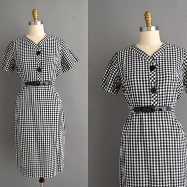 vintage 1950s Dress | Black & White Gingham Print Cotton Day Dress | Large 