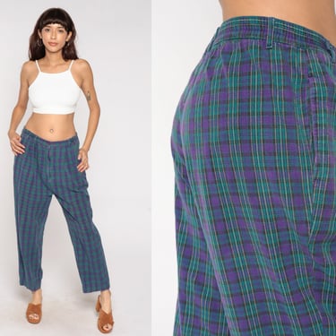 Tapered Plaid Trousers 80s Pleated Pants Purple Green Pants Punk High Waisted Trousers Checkered Print 90s Vintage Cotton Large L 