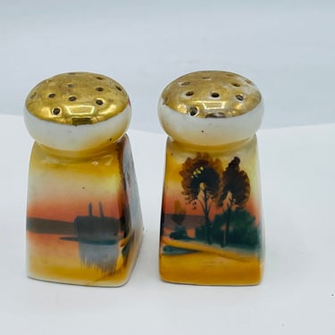 Vintage Lovely Pair of Salt and Pepper Shakers-Made in Japan Gold with Orange and Tree Scene 