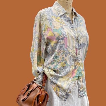 Vintage Escada Silk Blouse 1990s Retro Size 36 + By Margaretha Ley + Pastel Colors + Renaissance Design + L/S + Button Up + Womens Fashion 