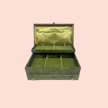 Vintage Buxton Jewelry Box Retro 1960s  Mid Century Modern + Rectangular + Green Vinyl + Crushed Velour Interior + Jewelry Storage + MCM 