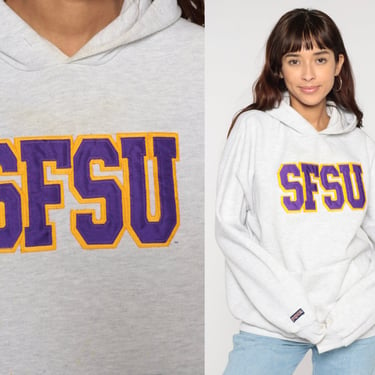 90s SFSU Hoodie Sweatshirt San Francisco State University Sweatshirt 90s Hooded Slouchy College Shirt 1990s Vintage Hood Grey Men's Large 